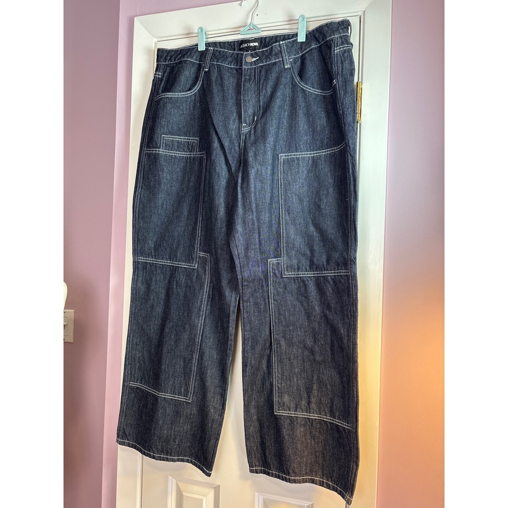 Fashion Nova Maggie June Dark Wash Wide Leg Skater Jeans Contrast Stitch Size 18